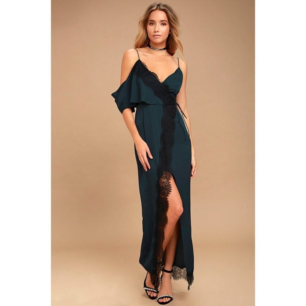 Keepsake Size S Stop Me Navy Blue Lace One Shoulder Maxi Dress Holiday Party